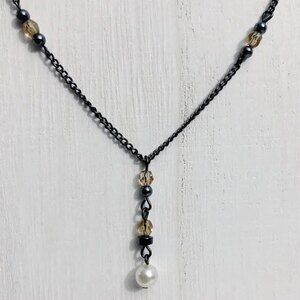 Beaded Drop Y Chain Dangle Accent Necklace Gunmetal